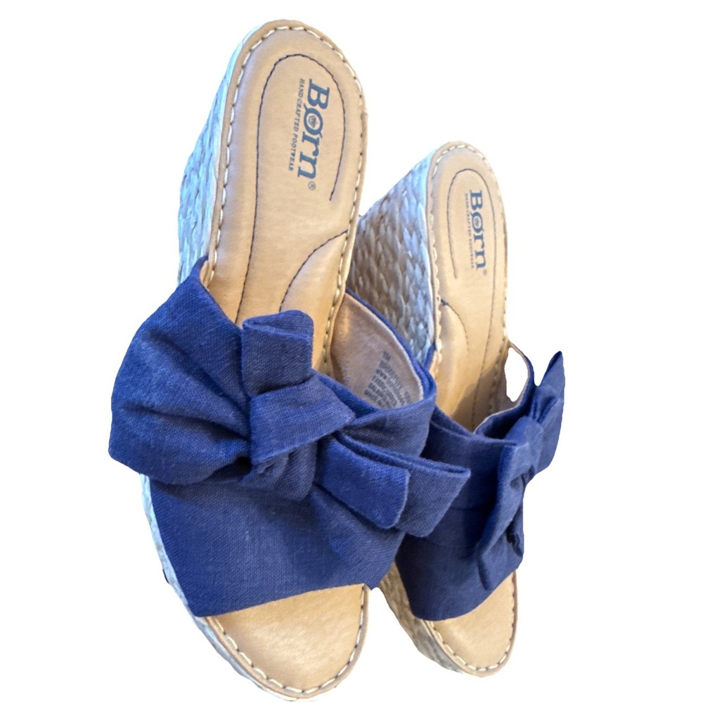 Børn Adilla Wedge Sandals Women Size 8 M Raffia Heel Denim Bow Slip On Casual